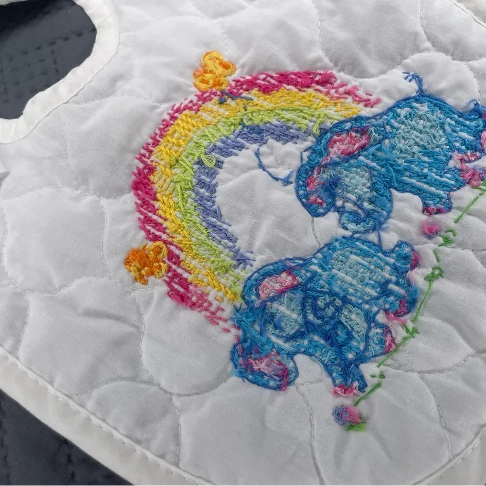 White Baby Bib Set with Embroidered Elephants and Giraffes